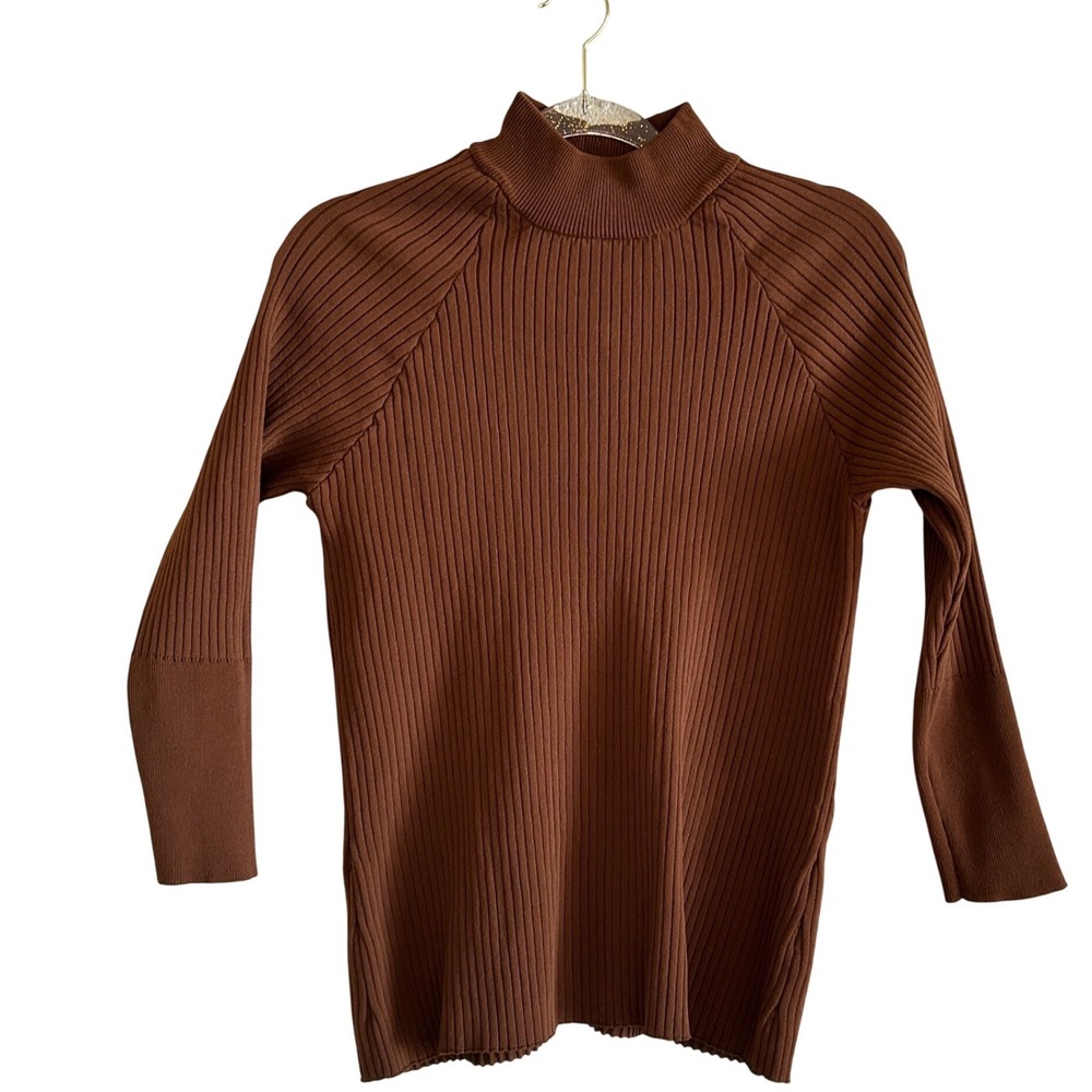 Marc New York Womens Brown Ribbed Mock Neck Gold Button Back Sweater‎ Large